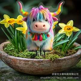 跨境亚马逊亚克力彩色海拉和牛盆栽和花园防水户外庭院亚克力地插