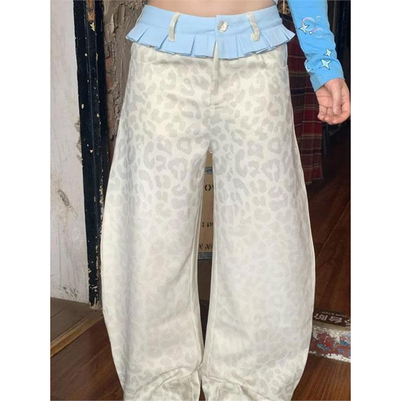 American Design Retro Small Skirt Spliced ​​Lace Jeans Women's New Contrasting Leopard Print Loose Wide-Leg Trousers