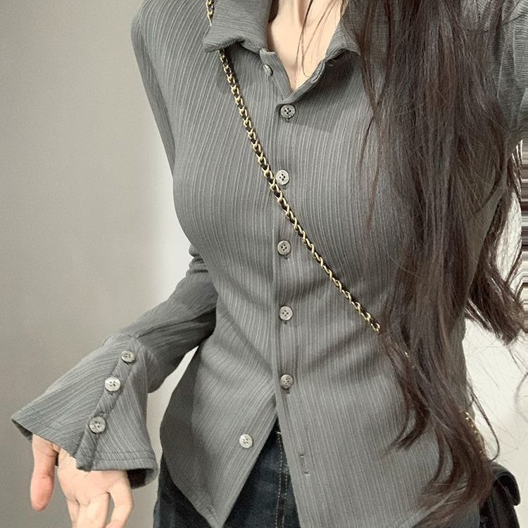 春秋新款纯欲风修身设计感polo领长袖T恤女显瘦百搭正肩辣妹上衣|undefined