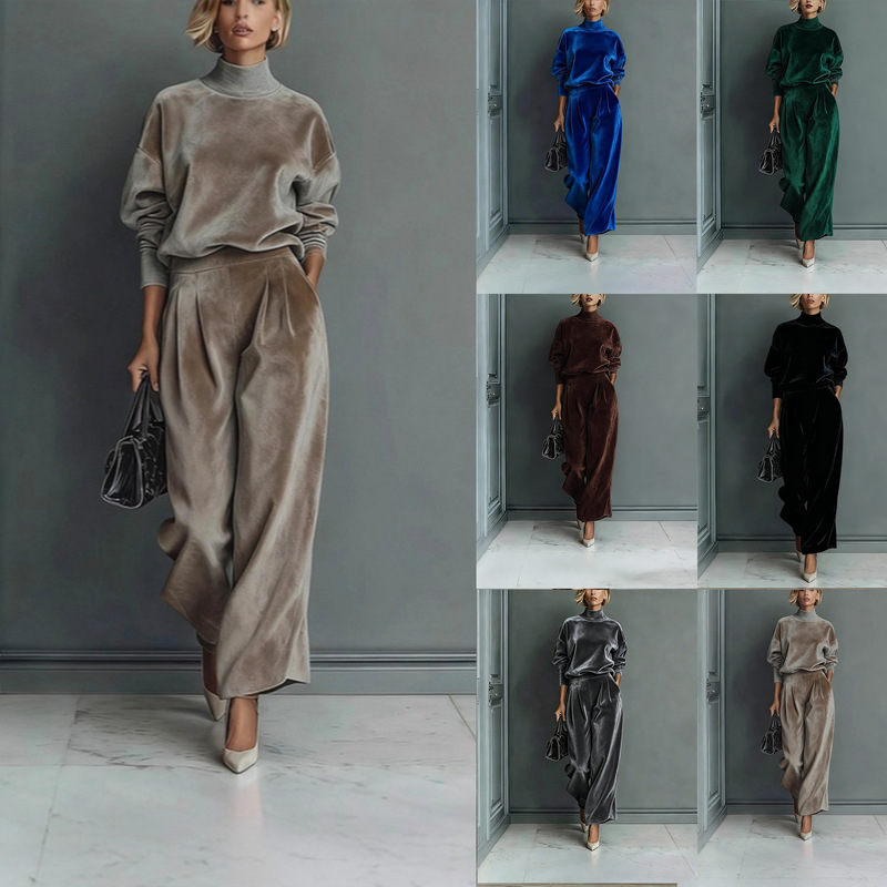 European and American Cross-Border Foreign Trade Women's Clothing Autumn and Winter Fashion Casual Sports Suit Velvet Long-Sleeve Solid Color High-Neck Wide-Leg Pants