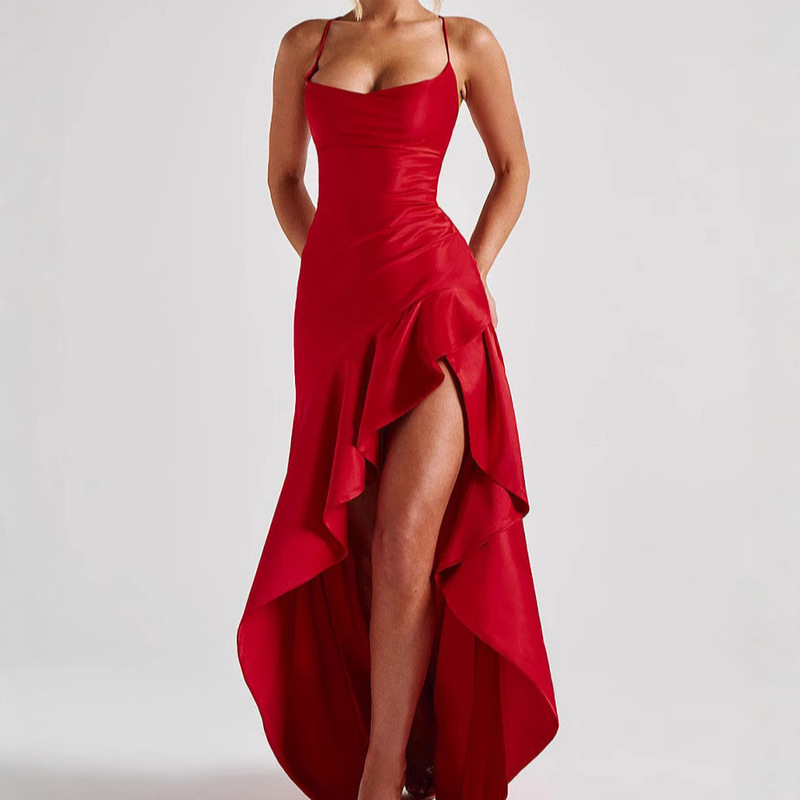 2025 European and American Cross-border Foreign Trade Summer Explosions Sexy Women's Strap Backless Ruffled Irregular dress Dress