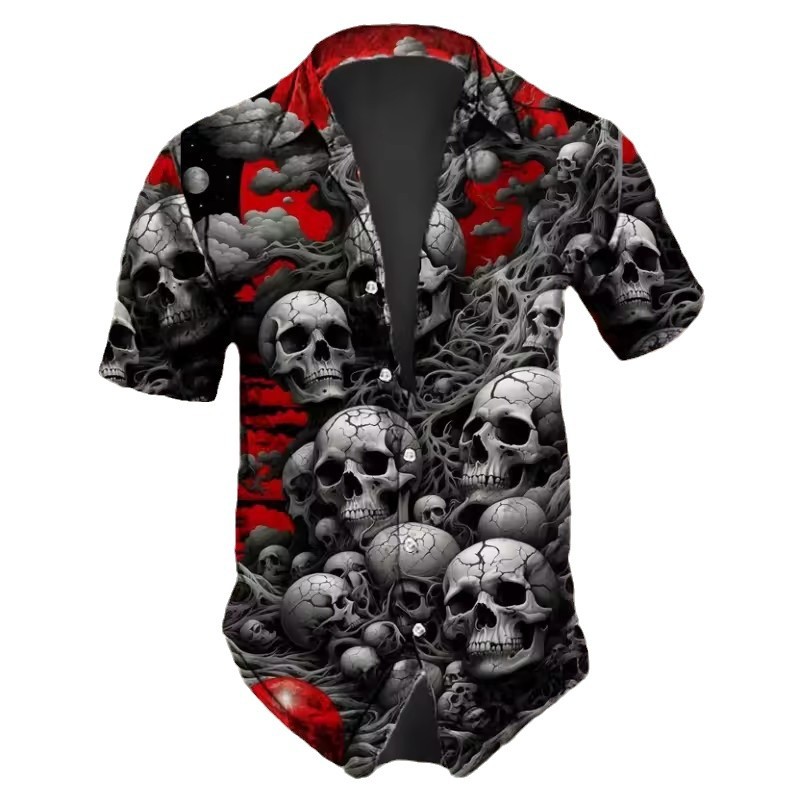 Personalidad Thriller Mist Skull 3D Impresión digital Camisa suelta de manga corta con solapa de botón de la calle de verano para hombres