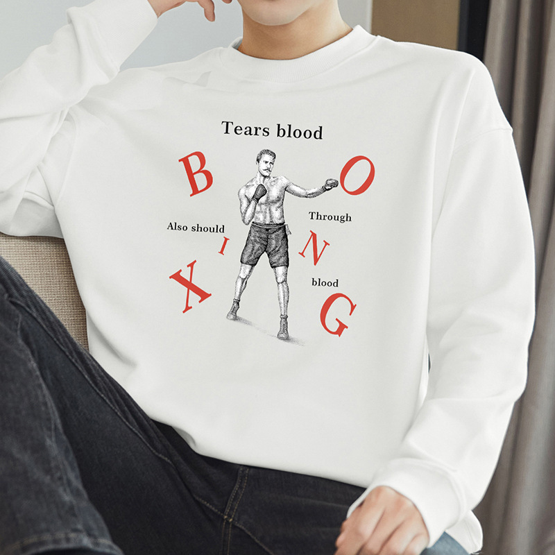 320g Heavy White Sweat Men's Spring and Autumn fleece-lined Warm Top American Fashion Boxing Printed Crewneck Long Sleeve