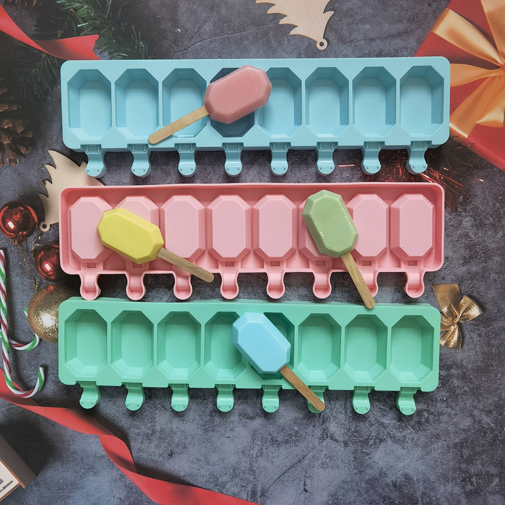 新款现货硅胶雪糕模具8连八边宝石冰淇淋模具DIY跨境家用厨房自制