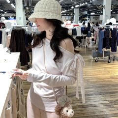 纯欲风辣妹斜肩条纹长袖T恤女早秋季修身显瘦绑带蝴蝶结露肩上衣