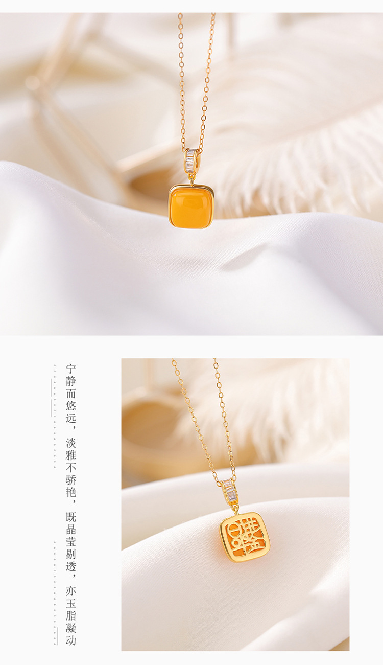 Mặt dây chuyền bạc S925 mạ vàng hình vuông sáp ong phong cách hình học đơn giản — Kiểu bạc (không có dây chuyền) chi tiết 6