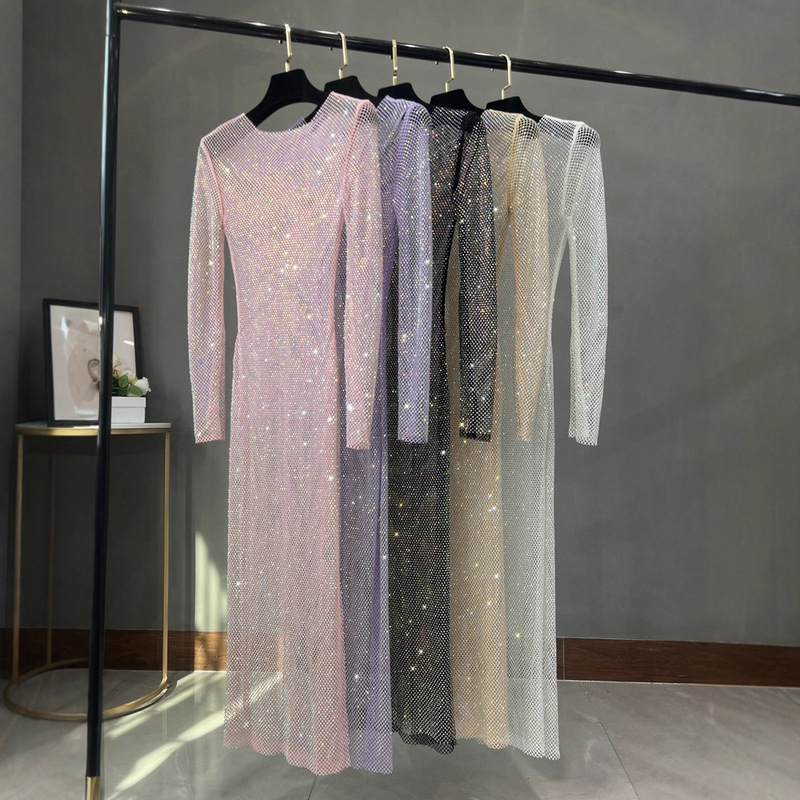European and American Style Sexy Extended-Length Round-Neck Rhinestone Dress, Club Sparkling Slit Hollow-Out Long-Sleeve Colorful Rhinestone Dress