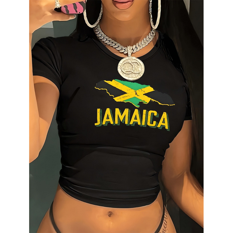 Women's Y2K Jamaican Flag and Letter Graphic Digital Print Short-Sleeve T-Shirt in Black and Yellow Print Color Scheme