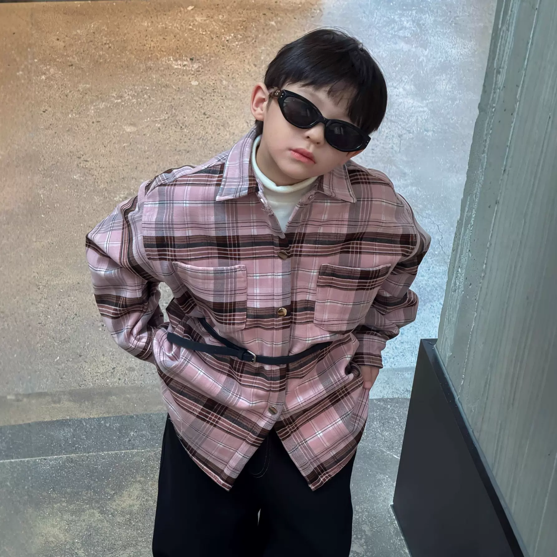 蓝钰25秋冬新品韩国童装中小童男童加厚加绒粉色呢子格子衬衫外套