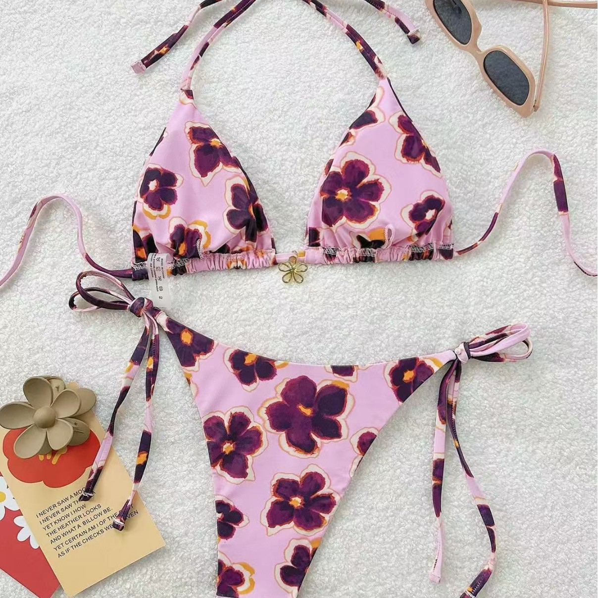 2025 New Multi-Color Floral Sexy Halterneck Lace-Up Seaside Hot Spring Pool Vacation Women's Bikini Swimsuit