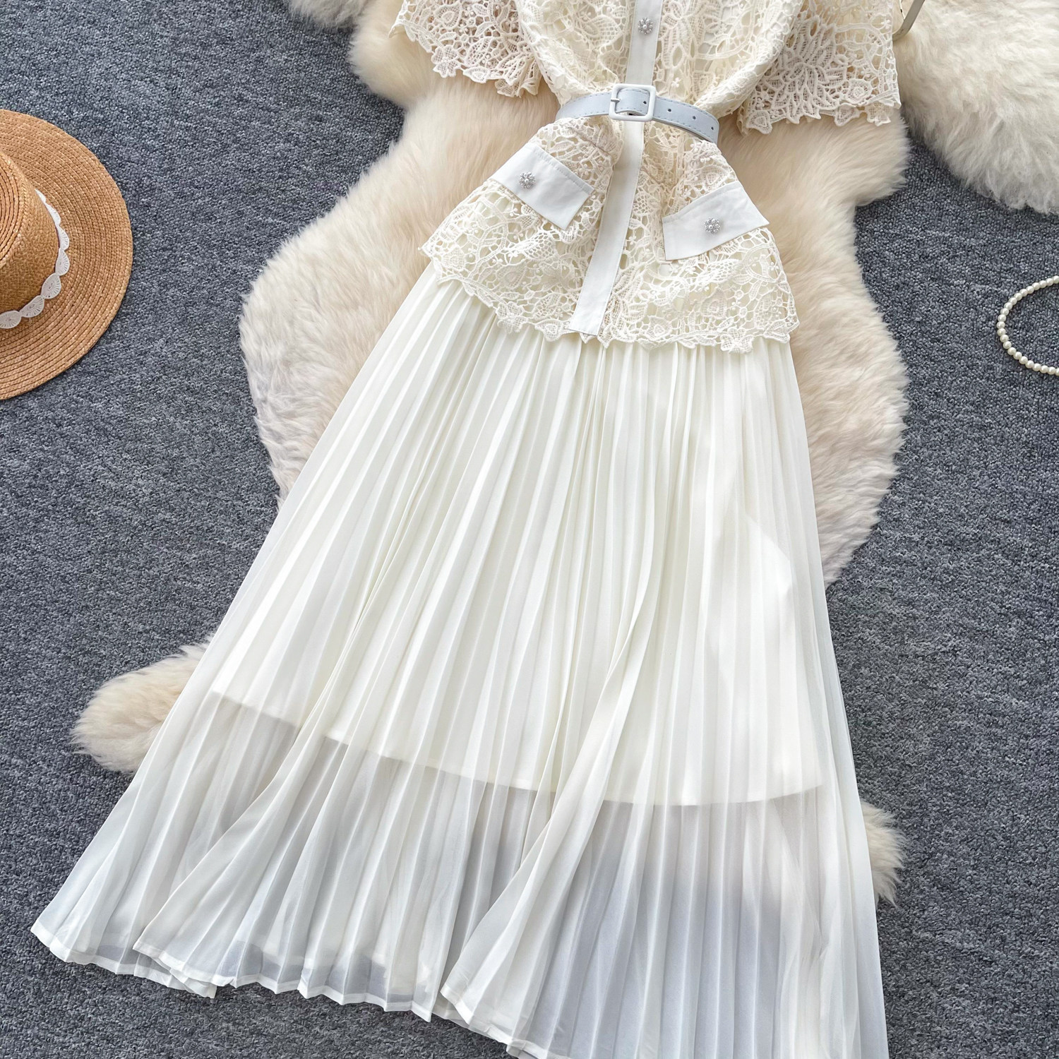Elegant A-Line Dress Lace Trim Slimming Pleated Long Skirt Casual Professional Summer Dress For Women_ecoleips.com