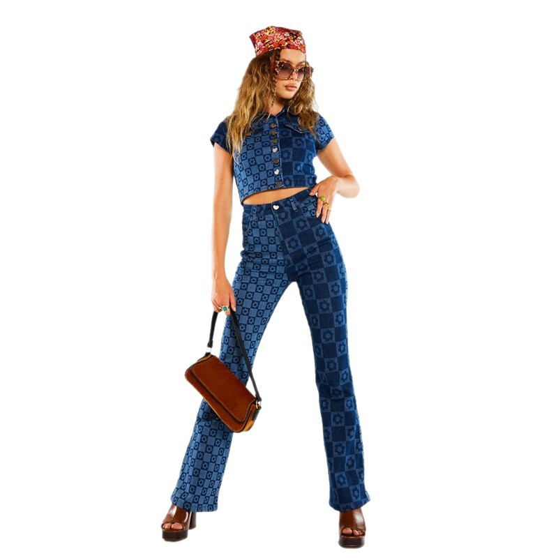 Pantalones Vaqueros Anchos de Mezclilla Ajustados de Dos Tonos Estampados para Mujer, Moda Europea y Americana Transfronteriza, Primavera 2025
