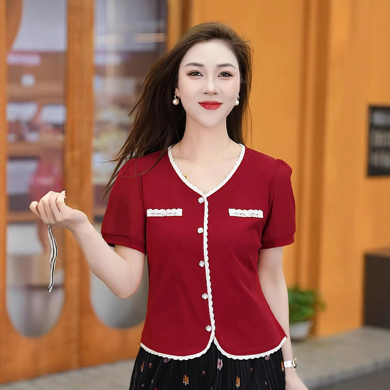 2025 Summer Women's New Large Size T-Shirt Short-Sleeved Shirt Small Fragrant Stretch Cotton Slim Lace V-Neck Top
