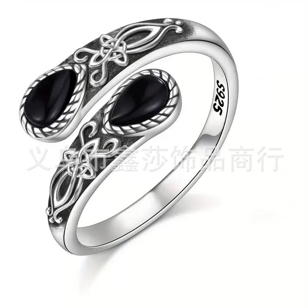 Cross-Border European and American Victorian Moonstone Spoon-Shaped Ring Black Agate Retro Bosnian Style Relief Texture Ring