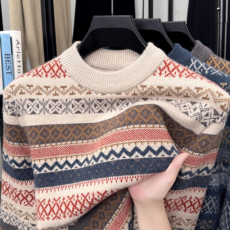 Cross-Border 2025 Winter New Men's Knitted Knitwear Thickeneded Warm Long-Sleeved Color Matching Bottoming Retro Jacquard Knitwear for Men