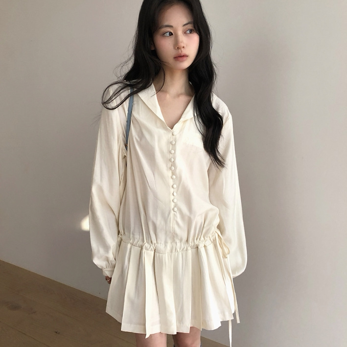 Now available: the same style as the Korean baby dress, pleated drawstring waist dress, Korean-style women's clothing, buttoned lapel mid-length shirt dress