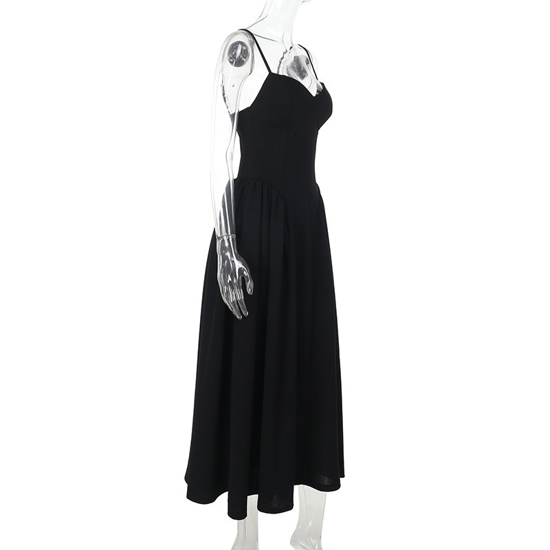 Robe élégante à bretelles et col en V pour femme – Taille haute, coupe moulante, couleur unie estivale (noir/rose, S-L)_voghion.com