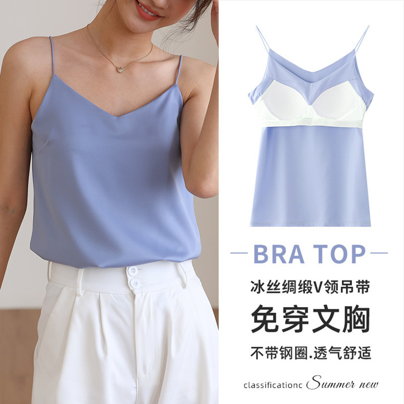 New Ice Silk Camisole for Women with Breast Pads, Satin Thin Bottoming Underwear, One Piece Drop Shipping