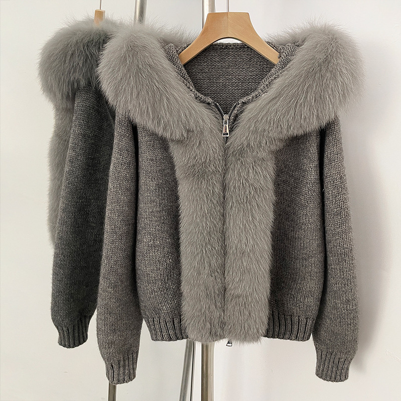 Women's Fashionable Versatile Knitwear Hot-Selling Autumn and Winter New Hooded Knit Cardigan with Real Fox Fur Large Collar Women's Fashionable Versatile Knitwear Hot-Selling Autumn and Winter New Hooded Knit Cardigan with Real Fox Fur Large Collar