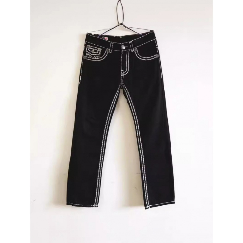 Cross-Border E-Commerce European and American Trendy Rock Style Jeans Men's White Thick-Stripe Faith Large Size Loose Straight Pants Black Cross-Border E-Commerce European and American Trendy Rock Style Jeans Men's White Thick-Stripe Faith Large Size Loose Straight Pants Black