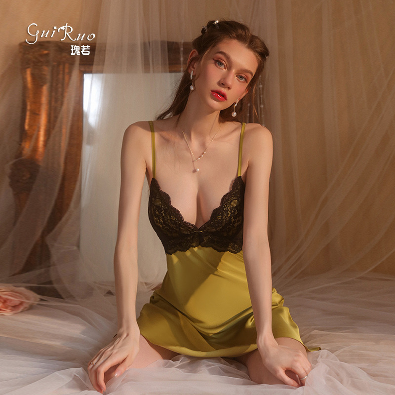 Guiruo Brand Large Size Sexy Pajamas Pure Desire Temptation Lace with Breast Pads Suspender Nightgown Home Wear Set 2621