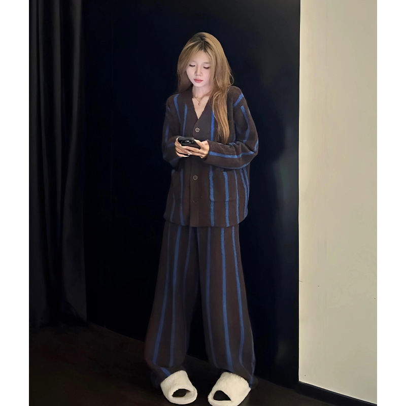 韩系条纹半边绒睡衣女冬季新款保暖加绒加厚长袖大码家居服套装潮|undefined
