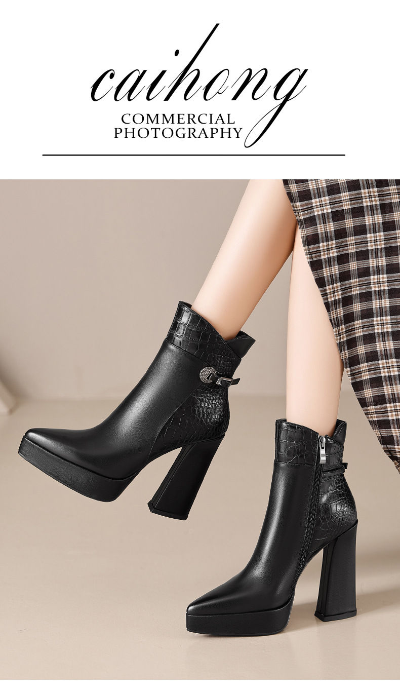 Boot nữ cổ thấp mũi nhọn da bò cao cấp gót siêu cao đế dày mùa thu đông — nâu, màu đen chi tiết 2