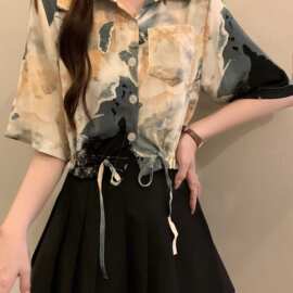 水墨画印花衬衫女抽绳夏季新款宽松休闲短款上衣时尚气质百搭衬衣