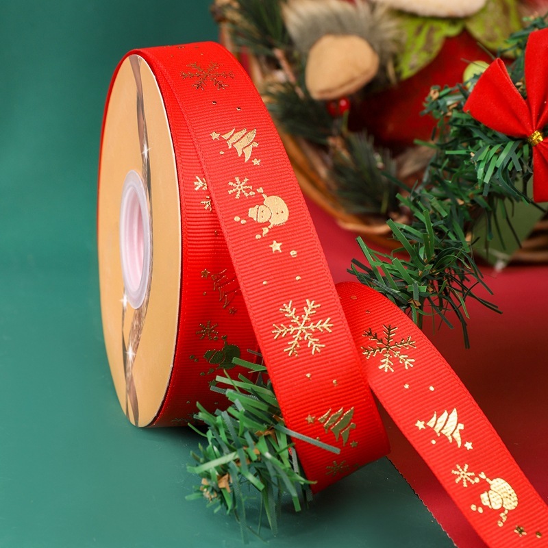クリスマスリボン卸売 2.5cm クリスマスリボン メリークリスマス文字金箔入りリボン|undefined
