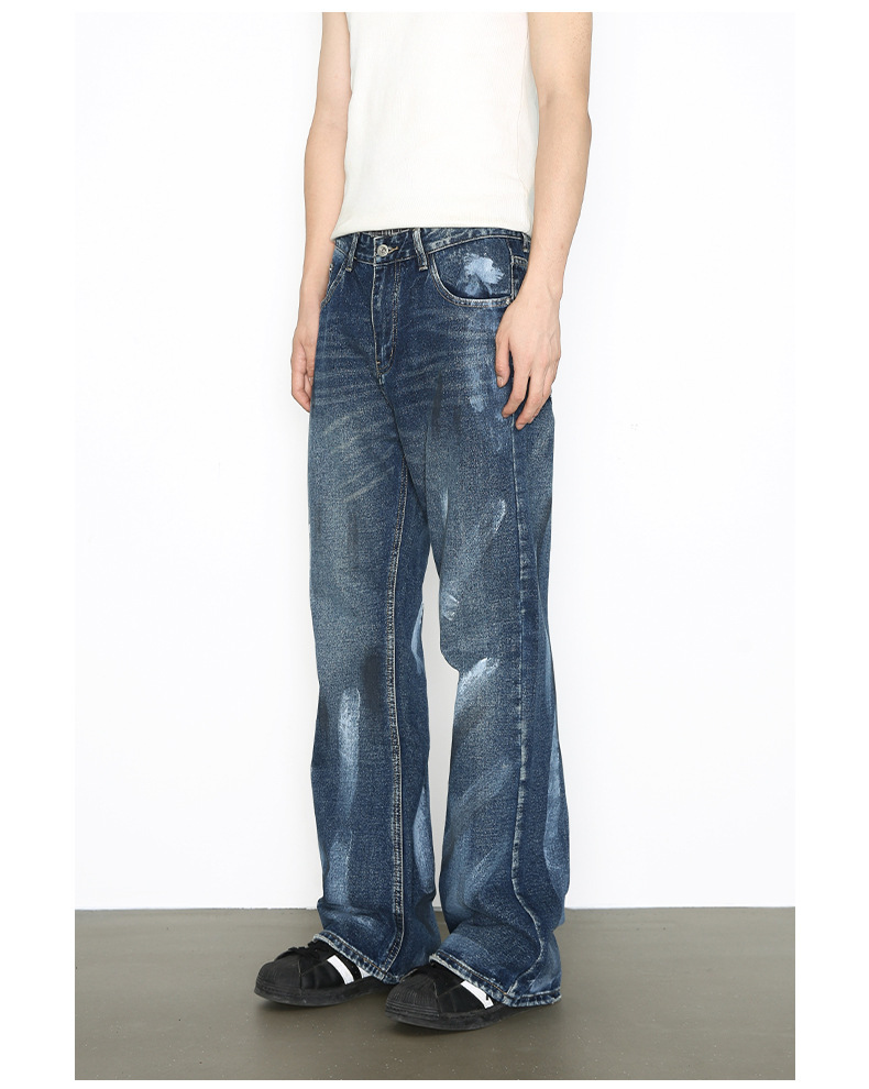 Hand-Painted American Style Straight-Leg Jeans For Men - Vintage Washed Denim Pants With Flared Hem, Comfortable Cotton Blend Fabric_mkmklike.com