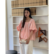 【不退不换】夏季新款韩A字宽松方领套头短袖衬衫女娃娃衫12219