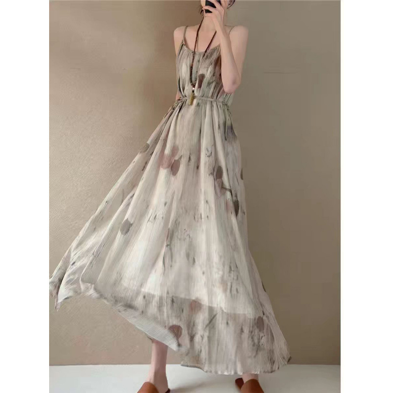 Leaf Print Plant-Dyed Long Strap Dress with Belt in New Chinese Style, Cool and Elegant Floral Print Tank Dress Leaf Print Plant-Dyed Long Strap Dress with Belt in New Chinese Style, Cool and Elegant Floral Print Tank Dress