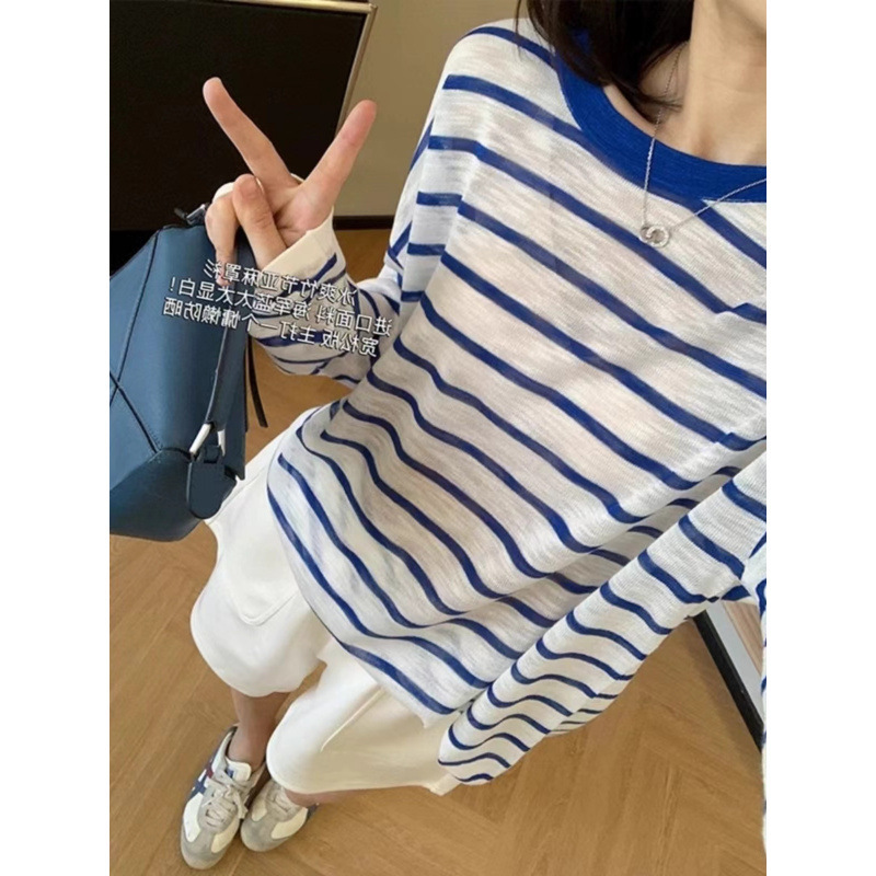 Red Striped Knitted Sunscreen Shirt Women's Thin Air-conditioning Shirt Summer Sling Overshirt T-Shirt Long-sleeved Top