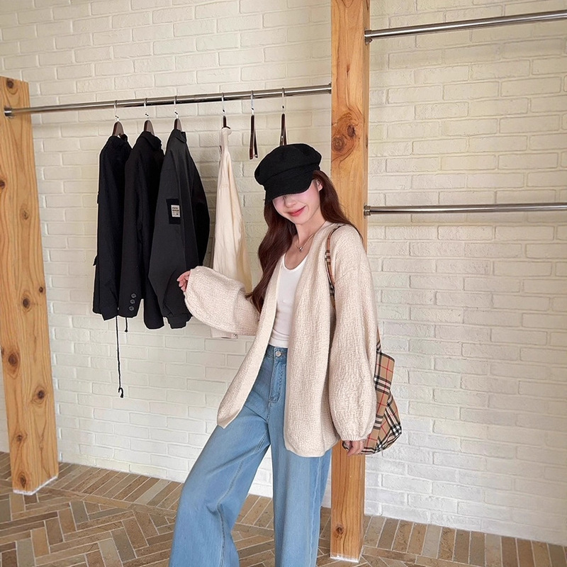 Fenna's New Autumn and Winter Style Lazy Style Bark Pattern Fashionable Versatile Loose Long Puff Sleeve Knitwear Jacket for Women