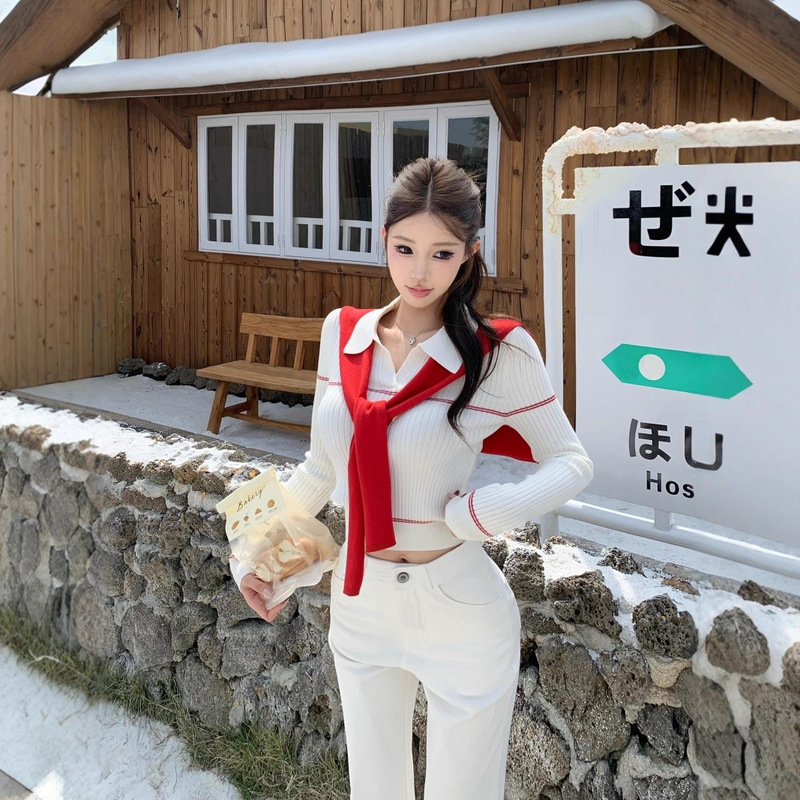 Layered Shawl Two-Piece Korean White Polo Collar Knitwear Women's Autum Slim Knitwear Bottoming Long-Sleeved Top