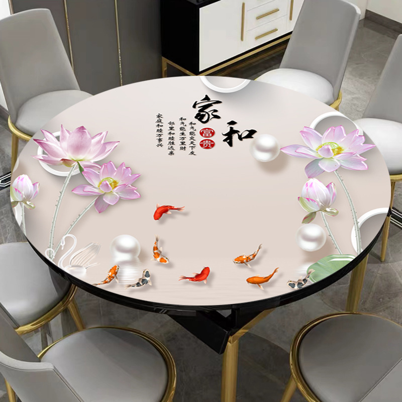 P66D圆形PVC软玻璃圆桌布防水油防烫耐高温免洗台布印花tpu餐桌垫