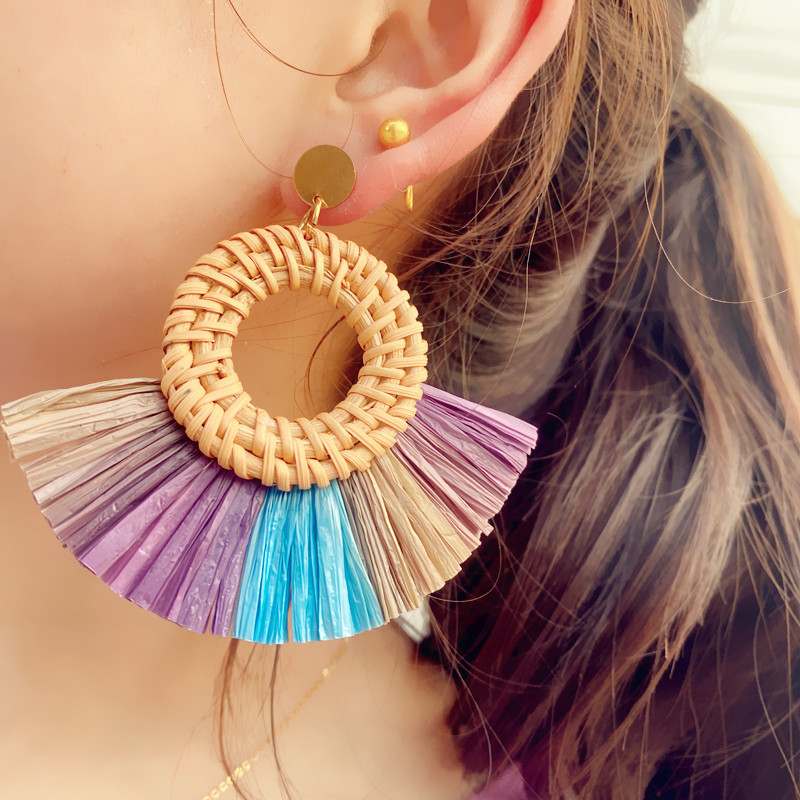 Holiday, Travel Occasion 1 Pair Retro Round Sector Raffia Rattan Drop Earrings