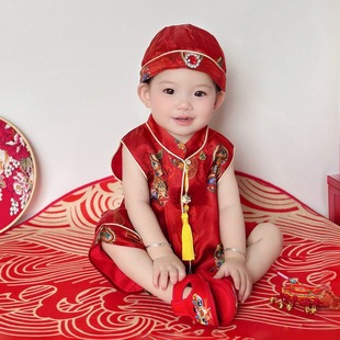 Baby One-Year-Old Dress Summer Fragrant Cloud Gauze Thin Suit Boy Birthday Party Crown Chinoiserie Red Dress