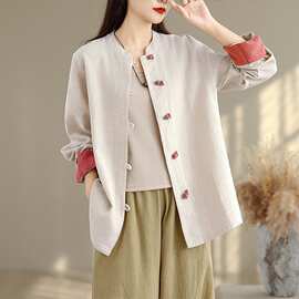 复古新中式衬衫女春秋棉麻风茶服开衫上衣宽松外套长袖居士服