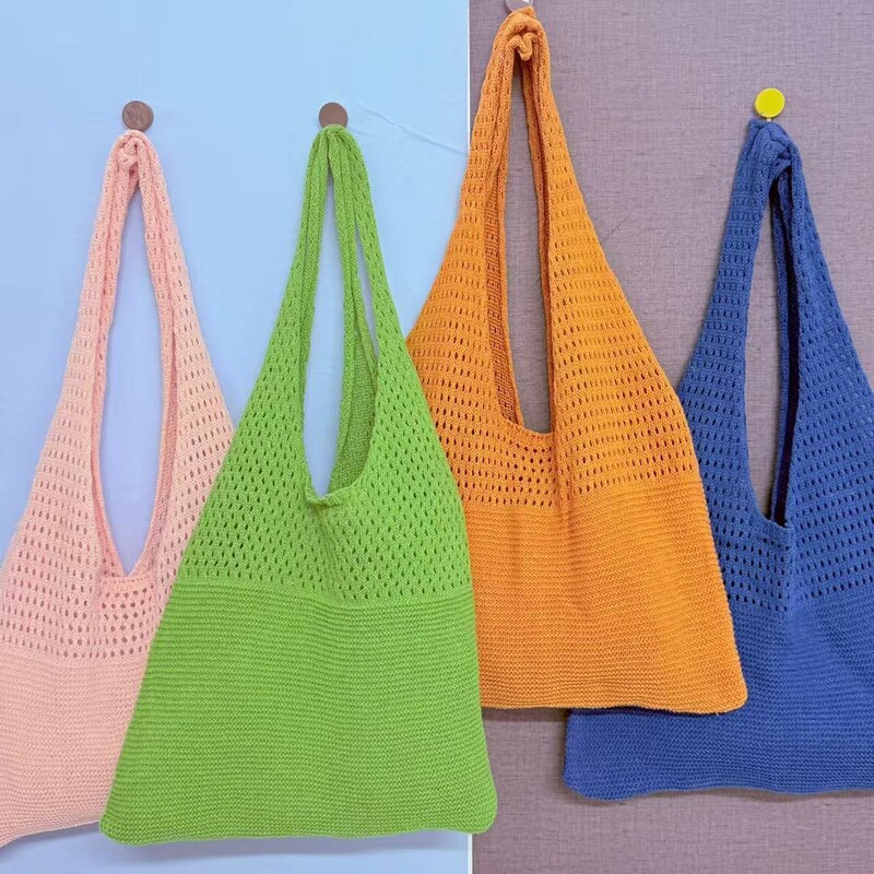Korean Style Knitted Hollow One-Shoulder Fashionable Wool Versatile Korean Casual Large-Capacity Shopping Bag Cross-Border Hot Style