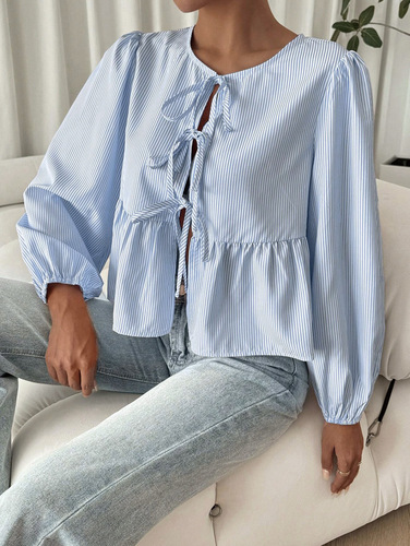 Women's striped front-laced long-sleeved casual top