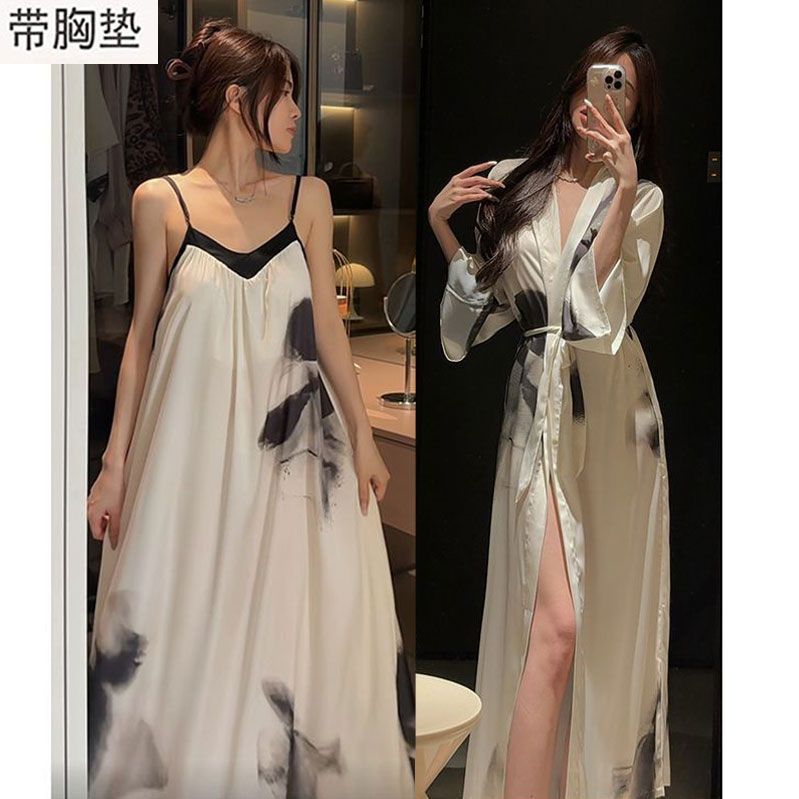 Spring and Autumn High-End Long-Sleeved Nightgown for Women with Breast Pads, French Beautiful Back Nightgown, Waist Slimming, Luxurious Outer Wear Pajamas