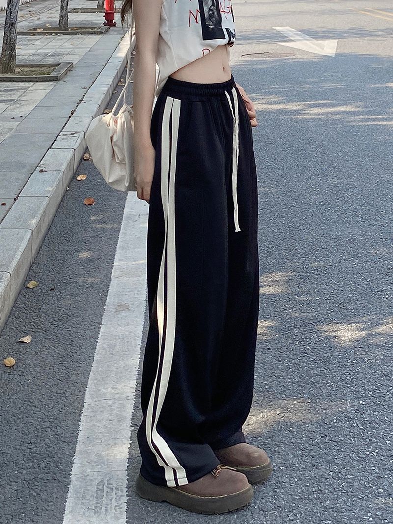 Pantalones de piernas largas estadounidenses de verano para niñas nuevas rayas laterales coreanas de estilo de Hong Kong pantalones deportivos rectos casuales sueltos image 3