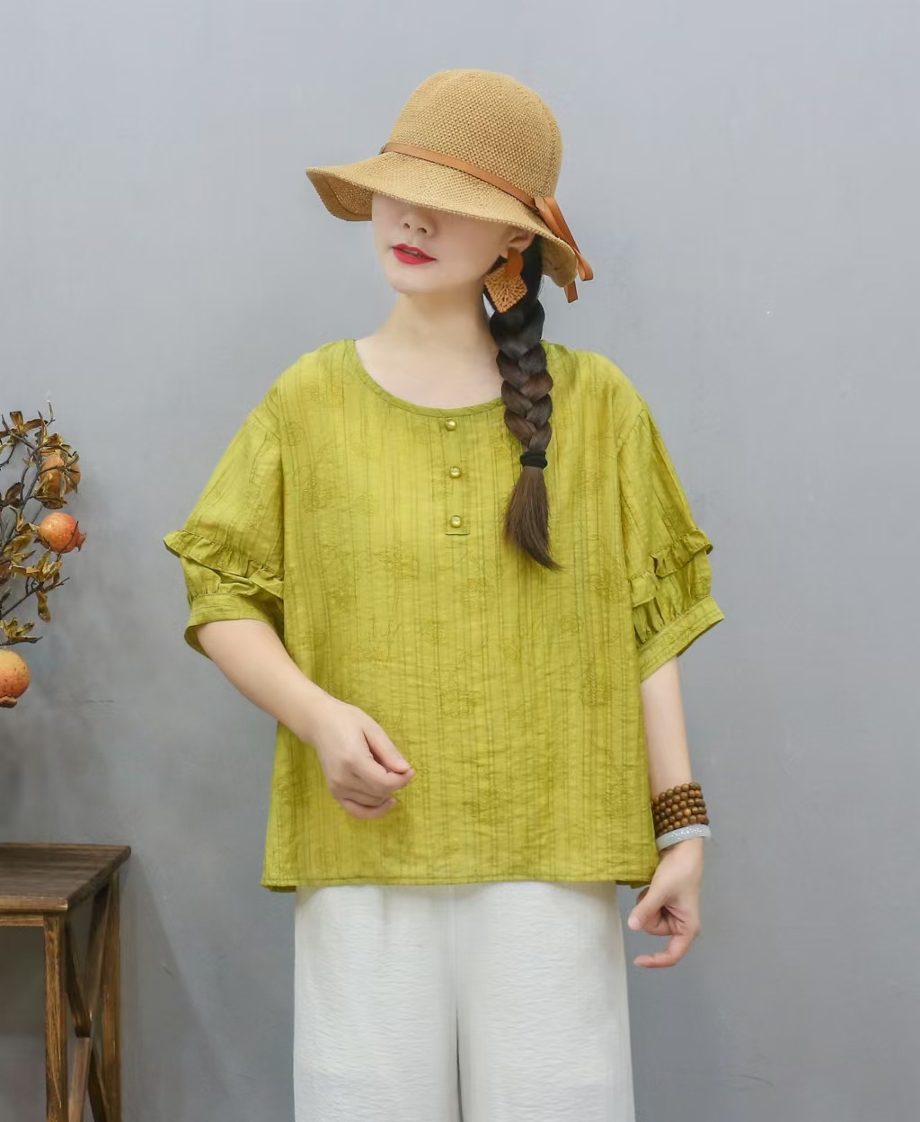 Transfronterizo 2025 primavera y verano nuevo estilo chino de ropa de mujer camiseta estampada mangas de linterna camiseta de mujer collar redondo literatura y arte image 10