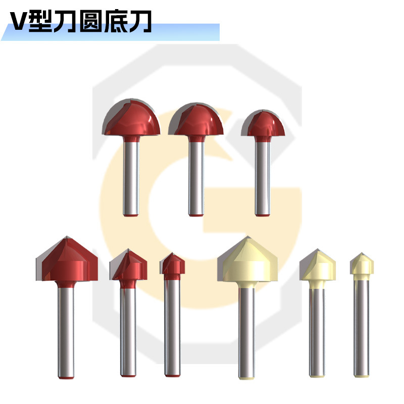 厂家供应木工铣刀1/4柄圆底刀修边机雕刻开槽套装圆底刀V型刀批发