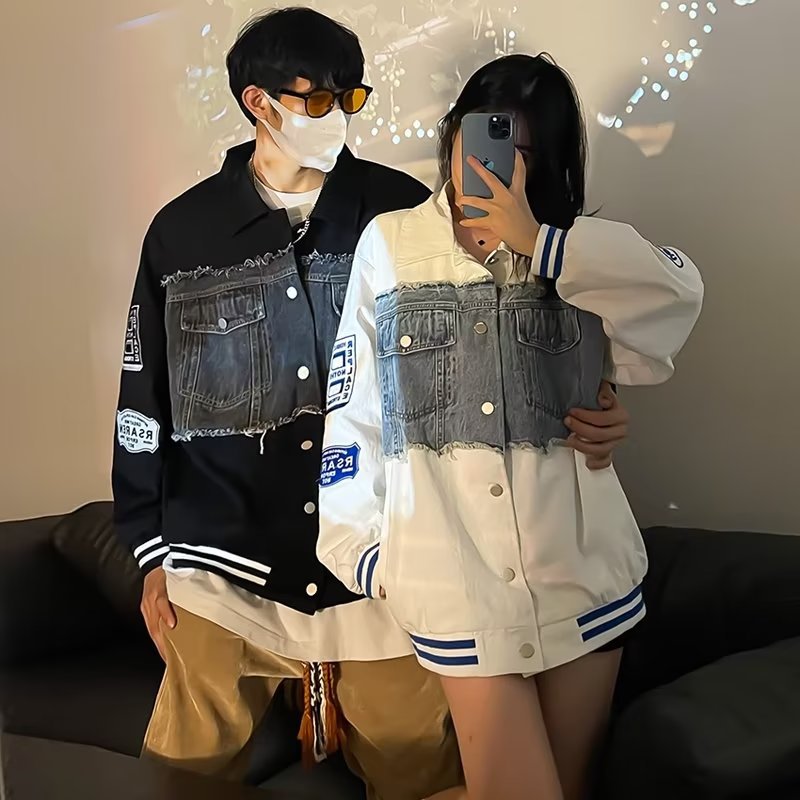 歐美高街hiphop拼接牛仔外套男女寬松ins潮原宿風情侶夾克棒球服