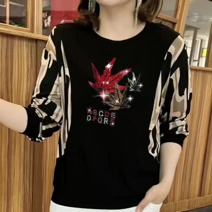 减龄女装圆领上衣2025春季新款烫钻时尚宽松遮肉外穿洋气妈妈装潮|undefined
