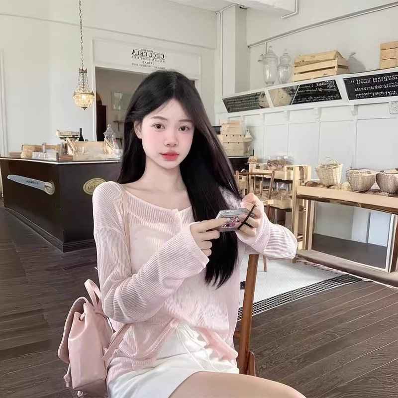 [Factory in stock] thin sunscreen blouse women's summer pure backless pink loose slimming outer top