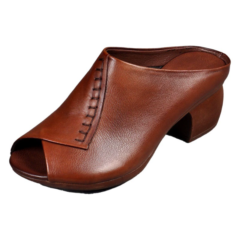 Лето 2025, уличные тапочки на толстом каблуке в стиле ретро, ​​обувь с рыбьим ртом, обувь на среднем каблуке из мягкой кожи, удобная и дышащая обувь для мам среднего возраста