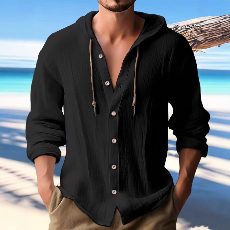 2025 Amazon Cross-border Spring and Summer New Fashion Men's Hooded Shirt Solid Color Cotton and Linen Casual Long Sleeve Top